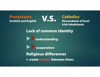 Lack of common identity
Xunderstanding
X cooperation
Religious differences
 create tension between them.
V.S.Protestants
Scottish and English
Catholics
Descendants of local
Irish inhabitants
 