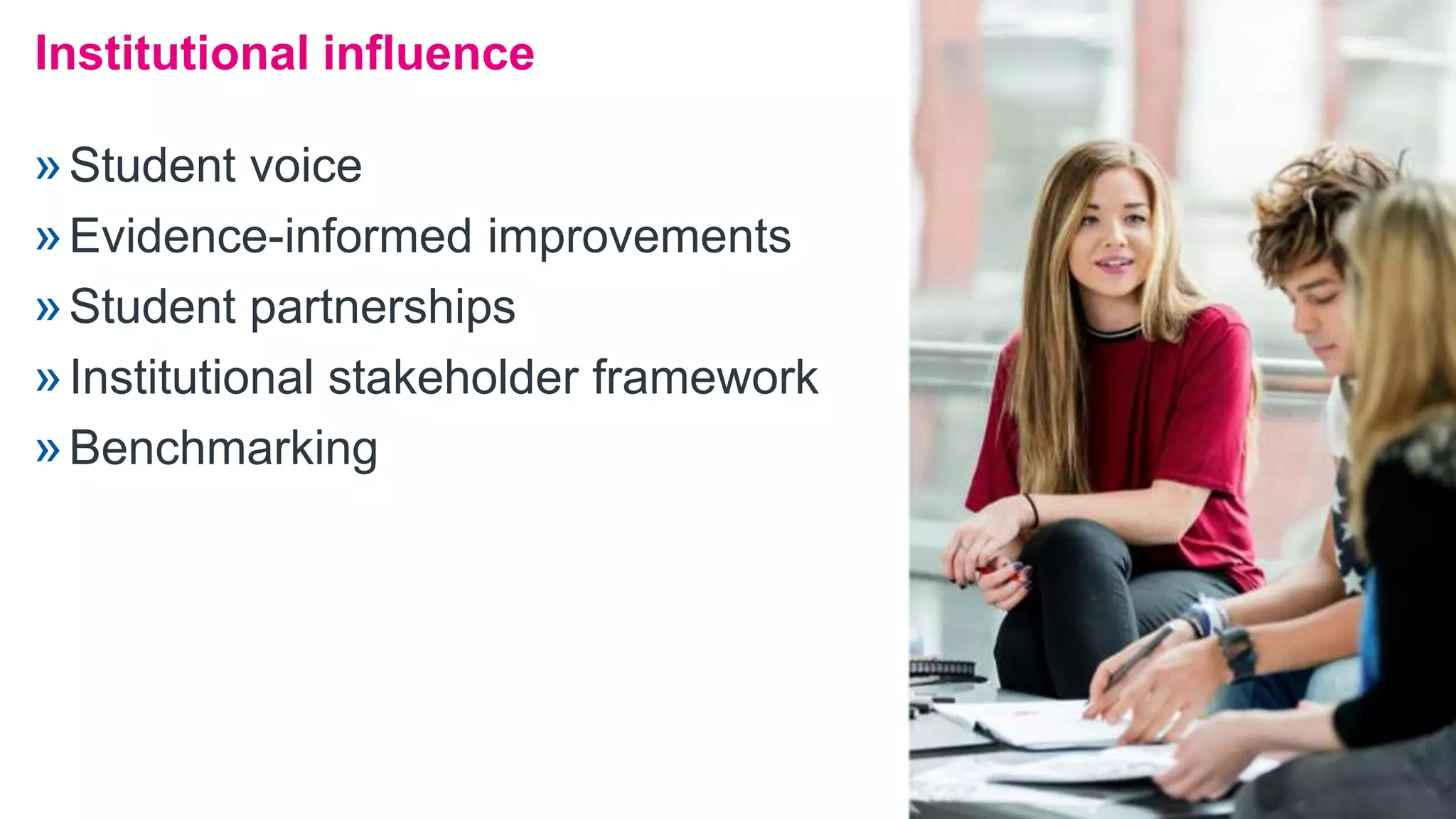 »Student voice
»Evidence-informed improvements
»Student partnerships
»Institutional stakeholder framework
»Benchmarking
Institutional influence
 
