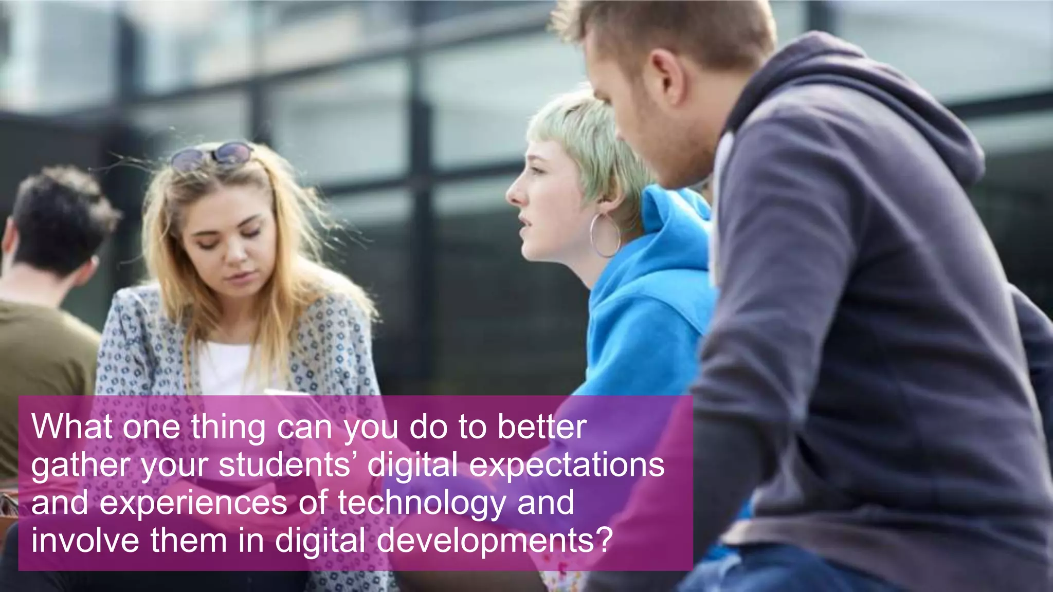 What one thing can you do to better
gather your students’ digital expectations
and experiences of technology and
involve them in digital developments?
 
