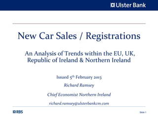 New Car Sales / Registrations
 An Analysis of Trends within the EU, UK, 
  Republic of Ireland & Northern Ireland

             Issued 5th February 2013
                 Richard Ramsey

         Chief Economist Northern Ireland
         richard.ramsey@ulsterbankcm.com

                                             Slide 1
 
