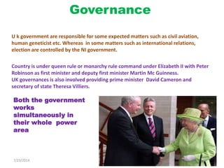 Governance
U k government are responsible for some expected matters such as civil aviation,
human geneticist etc. Whereas in some matters such as international relations,
election are controlled by the NI government.
Country is under queen rule or monarchy rule command under Elizabeth II with Peter
Robinson as first minister and deputy first minister Martin Mc Guinness.
UK governances is also involved providing prime minister David Cameron and
secretary of state Theresa Villiers.
Both the government
works
simultaneously in
their whole power
area
7/23/2014 7
 