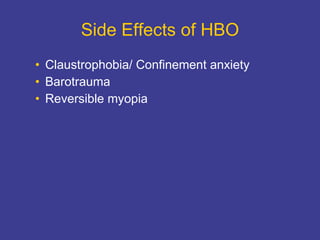 Side Effects of HBO Claustrophobia/ Confinement anxiety Barotrauma Reversible myopia 