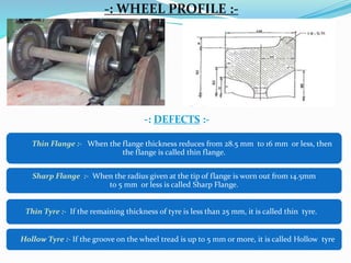 -: WHEEL PROFILE :-
-: DEFECTS :-
Thin Flange :- When the flange thickness reduces from 28.5 mm to 16 mm or less, then
the flange is called thin flange.
Sharp Flange :- When the radius given at the tip of flange is worn out from 14.5mm
to 5 mm or less is called Sharp Flange.
Thin Tyre :- If the remaining thickness of tyre is less than 25 mm, it is called thin tyre.
Hollow Tyre :- If the groove on the wheel tread is up to 5 mm or more, it is called Hollow tyre
 