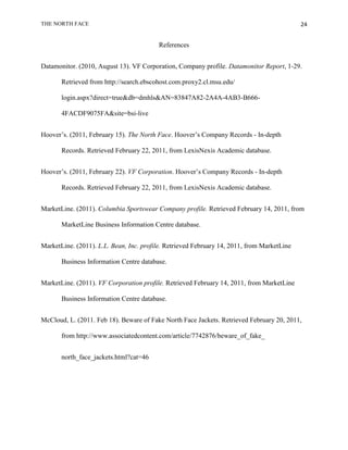 THE NORTH FACE                                                                              24


                                         References


Datamonitor. (2010, August 13). VF Corporation, Company profile. Datamonitor Report, 1-29.

       Retrieved from http://search.ebscohost.com.proxy2.cl.msu.edu/

       login.aspx?direct=true&db=dmhls&AN=83847A82-2A4A-4AB3-B666-

       4FACDF9075FA&site=bsi-live


Hoover‟s. (2011, February 15). The North Face. Hoover‟s Company Records - In-depth

       Records. Retrieved February 22, 2011, from LexisNexis Academic database.


Hoover‟s. (2011, February 22). VF Corporation. Hoover‟s Company Records - In-depth

       Records. Retrieved February 22, 2011, from LexisNexis Academic database.


MarketLine. (2011). Columbia Sportswear Company profile. Retrieved February 14, 2011, from

       MarketLine Business Information Centre database.


MarketLine. (2011). L.L. Bean, Inc. profile. Retrieved February 14, 2011, from MarketLine

       Business Information Centre database.


MarketLine. (2011). VF Corporation profile. Retrieved February 14, 2011, from MarketLine

       Business Information Centre database.


McCloud, L. (2011. Feb 18). Beware of Fake North Face Jackets. Retrieved February 20, 2011,

       from http://www.associatedcontent.com/article/7742876/beware_of_fake_


       north_face_jackets.html?cat=46
 