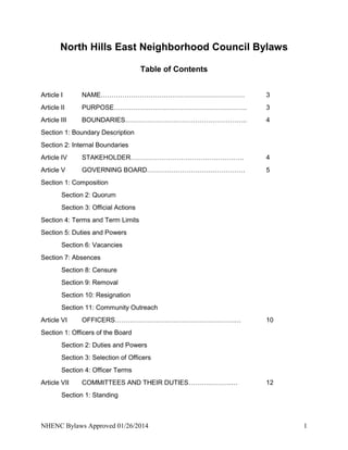 North Hills East Neighborhood Council Bylaws
Table of Contents
Article I

NAME…………………………………………………………

3

Article II

PURPOSE…………………………………………………….

3

Article III

BOUNDARIES………………………………………………..

4

Section 1: Boundary Description
Section 2: Internal Boundaries
Article IV

STAKEHOLDER…………………………………………….

4

Article V

GOVERNING BOARD………………………………………

5

Section 1: Composition
Section 2: Quorum
Section 3: Official Actions
Section 4: Terms and Term Limits
Section 5: Duties and Powers
Section 6: Vacancies
Section 7: Absences
Section 8: Censure
Section 9: Removal
Section 10: Resignation
Section 11: Community Outreach
Article VI

OFFICERS……………………………………………….…

10

Section 1: Officers of the Board
Section 2: Duties and Powers
Section 3: Selection of Officers
Section 4: Officer Terms
Article VII

COMMITTEES AND THEIR DUTIES……….……….…

12

Section 1: Standing

NHENC Bylaws Approved 01/26/2014

1

 
