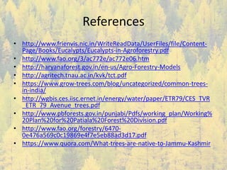 References
• http://www.frienvis.nic.in/WriteReadData/UserFiles/file/Content-
Page/Books/Eucalypts/Eucalypts-in-Agroforestry.pdf
• http://www.fao.org/3/ac772e/ac772e06.htm
• http://haryanaforest.gov.in/en-us/Agro-Forestry-Models
• http://agritech.tnau.ac.in/kvk/tct.pdf
• https://www.grow-trees.com/blog/uncategorized/common-trees-
in-india/
• http://wgbis.ces.iisc.ernet.in/energy/water/paper/ETR79/CES_TVR
_ETR_79_Avenue_trees.pdf
• http://www.pbforests.gov.in/punjabi/Pdfs/working_plan/Working%
20Plan%20for%20Patiala%20Forest%20Division.pdf
• http://www.fao.org/forestry/6470-
0e476a569c0c19869e4f7e5eb88ad3d17.pdf
• https://www.quora.com/What-trees-are-native-to-Jammu-Kashmir
 