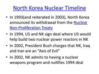 North Korea Nuclear Timeline
• In 1993(and reiterated in 2003), North Korea
announced its withdrawal from the Nuclear
Non-Proliferation Treaty
• In 1994, US and NK sign deal where US would
help build two nuclear power reactors in NK
• In 2002, President Bush charges that NK, Iraq
and Iran are an “Axis of Evil”
• In 2002, NK admits to having a nuclear
weapons program and nullifies 1994 deal

 