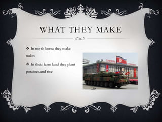  In north korea they make
nukes
 In their farm land they plant
potatoes,and rice
WHAT THEY MAKE
 