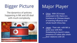 Bigger Picture
The dynamics of policies
happening in NK and US deal
with much complexity.
Major Player
● China : With US troops
stationed in SK, there is a
hindrance to Chinese dream
of exerting inﬂuence over
whole South China Sea
● Japan : Their reln. with NK is
quite sour with Kim
threatening to launch nukes,
presence of nukes also strain
their relations with US
 