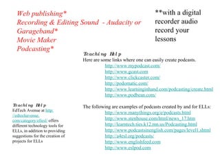 Web publishing* Recording & Editing Sound  - Audacity or Garageband* Movie Maker Podcasting*  Teaching Help Here are some links where one can easily create podcasts. http://www.mypodcast.com/   http://www.gcast.com   http://www.clickcaster.com/   http://podomatic.com/   http://www.learninginhand.com/podcasting/create.html   http://www.podbean.com/   The following are examples of podcasts created by and for ELLs: http://www.manythings.org/e/podcasts.html   http://www.stenhouse.com/html/news_17.htm   http://learntech.ties.k12.mn.us/Podcasting.html   http://www.podcastsinenglish.com/pages/level1.shtml   http://a4esl.org/podcasts/   http://www.englishfeed.com http://www.eslpod.com **with a digital recorder audio record your lessons  Teaching Help EdTech Avenue at  http: //edtechavenue . com/category/ellesl/  offers different technology tools for ELLs, in addition to providing suggestions for the creation of projects for ELLs 