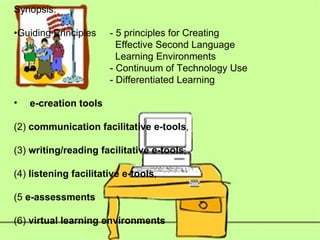 Synopsis: • Guiding Principles - 5 principles for Creating    Effective Second Language    Learning Environments - Continuum of Technology Use - Differentiated Learning  e-creation tools (2)  communication facilitative e-tools , (3)  writing/reading facilitative e-tools ,  (4)  listening facilitative e-tools , (5  e-assessments (6)  virtual learning environments 