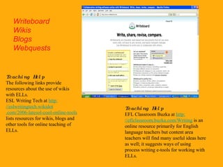 Writeboard Wikis Blogs Webquests Teaching Help EFL Classroom Buzka at  http: //eflclassroom . buzka .com/Writing  is an online resource primarily for English language teachers but content area teachers will find many useful ideas here as well; it suggests ways of using process writing e-tools for working with ELLs. Teaching Help The following links provide resources about the use of wikis with ELLs. ESL Writing Tech at  http: //eslwritingtech . wikidot .com/2006-latesol-cool-online-tools  lists resources for wikis, blogs and other tools for online teaching of ELLs. 