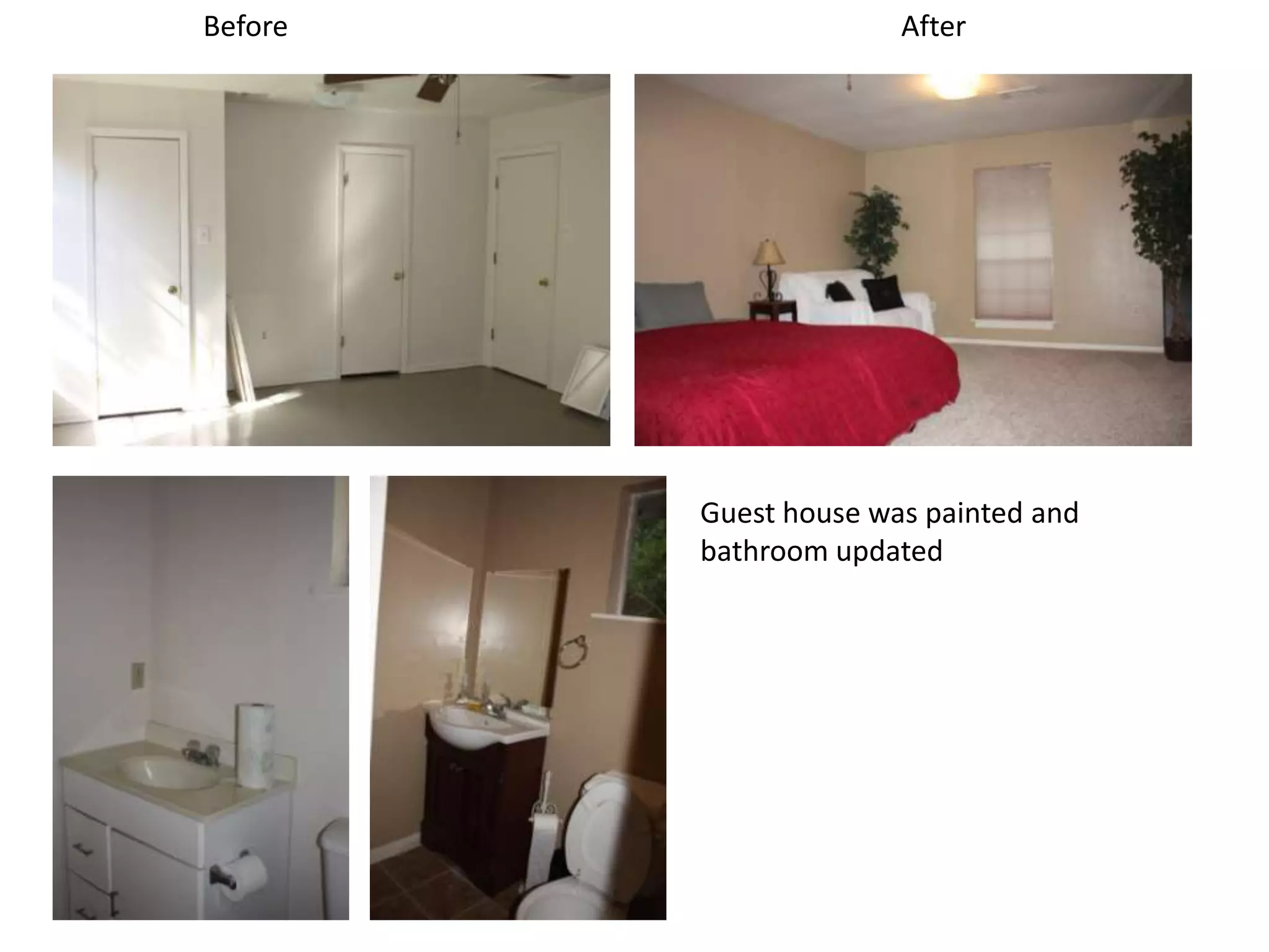 Before                 After




         Guest house was painted and
         bathroom updated
 