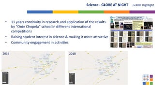 • 11 years continuity in research and application of the results
by “Orde Chopela” school in different international
competitions
• Raising student interest in science & making it more attractive
• Community engagement in activities
GLOBE Highlight
Science - GLOBE AT NIGHT
2019 2018
 