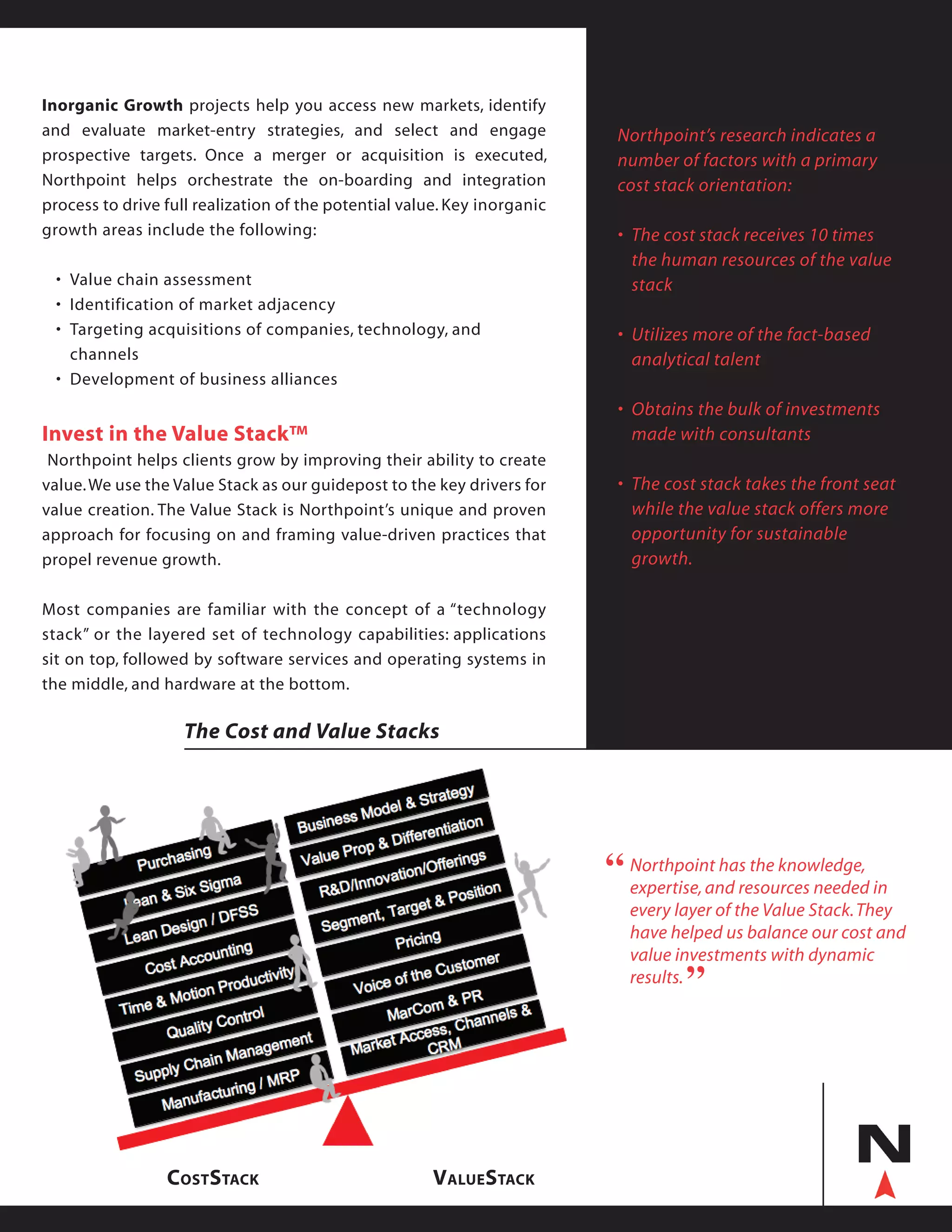 Inorganic Growth projects help you access new markets, identify
and evaluate market-entry strategies, and select and engage
prospective targets. Once a merger or acquisition is executed,
Northpoint helps orchestrate the on-boarding and integration
process to drive full realization of the potential value. Key inorganic
growth areas include the following:
	 • 	Value chain assessment
	 • 	Identification of market adjacency
	 • 	Targeting acquisitions of companies, technology, and
	 	channels
	 • 	Development of business alliances
Invest in the Value Stack™
Northpoint helps clients grow by improving their ability to create
value.We use the Value Stack as our guidepost to the key drivers for
value creation. The Value Stack is Northpoint’s unique and proven
approach for focusing on and framing value-driven practices that
propel revenue growth.
Most companies are familiar with the concept of a “technology
stack” or the layered set of technology capabilities: applications
sit on top, followed by software services and operating systems in
the middle, and hardware at the bottom.
Northpoint’s research indicates a
number of factors with a primary
cost stack orientation:
•	 The cost stack receives 10 times 	 	
	 the human resources of the value 		
	 stack
•	 Utilizes more of the fact-based
	 analytical talent
•	 Obtains the bulk of investments
	 made with consultants
•	 The cost stack takes the front seat
	 while the value stack offers more
	 opportunity for sustainable 		
	 growth.
The Cost and Value Stacks
CostStack ValueStack
Northpoint has the knowledge,
expertise,and resources needed in
every layer of the Value Stack.They
have helped us balance our cost and
value investments with dynamic
results.
“
“
 