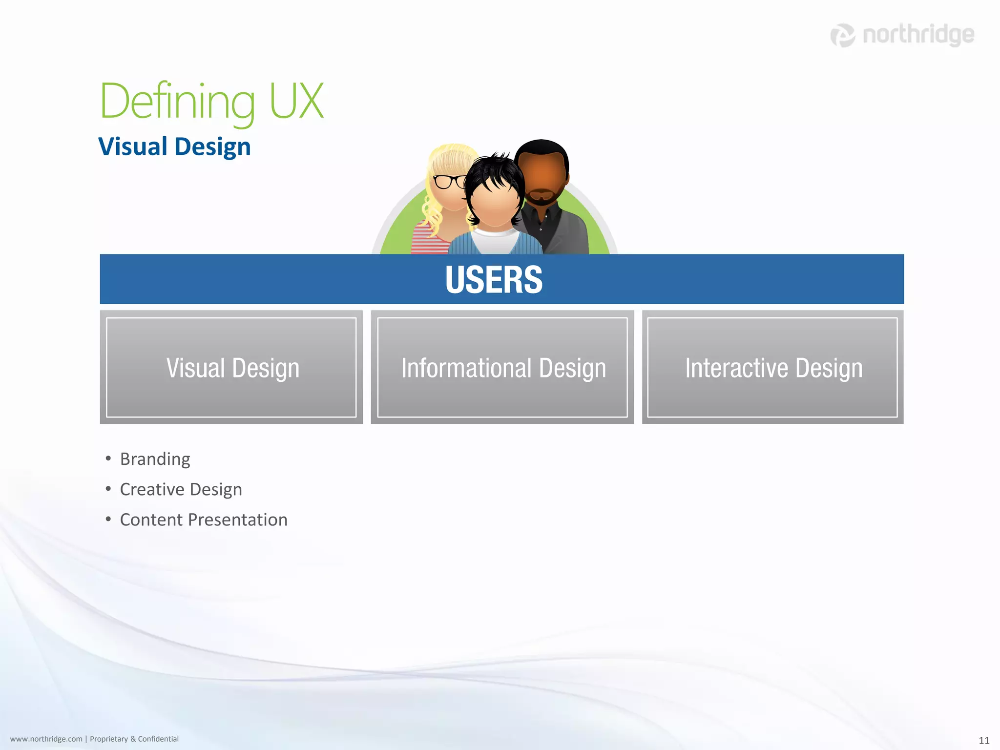 Defining UX
                        Visual Design




                          • Branding
                          • Creative Design
                          • Content Presentation




www.northridge.com | Proprietary & Confidential    11
 