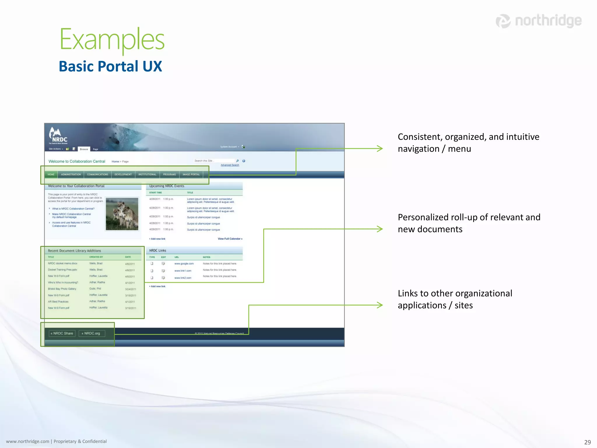Examples
                        Basic Portal UX



                                                  Consistent, organized, and intuitive
                                                  navigation / menu




                                                  Personalized roll-up of relevant and
                                                  new documents




                                                  Links to other organizational
                                                  applications / sites




www.northridge.com | Proprietary & Confidential                                          29
 