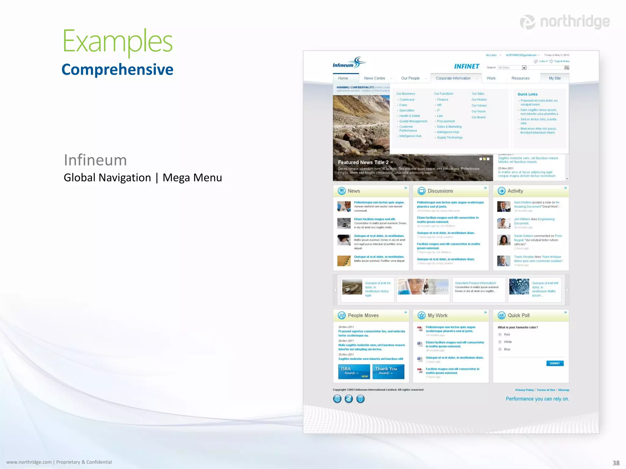 Examples
                        Comprehensive




                         Infineum
                         Global Navigation | Mega Menu




www.northridge.com | Proprietary & Confidential          38
 
