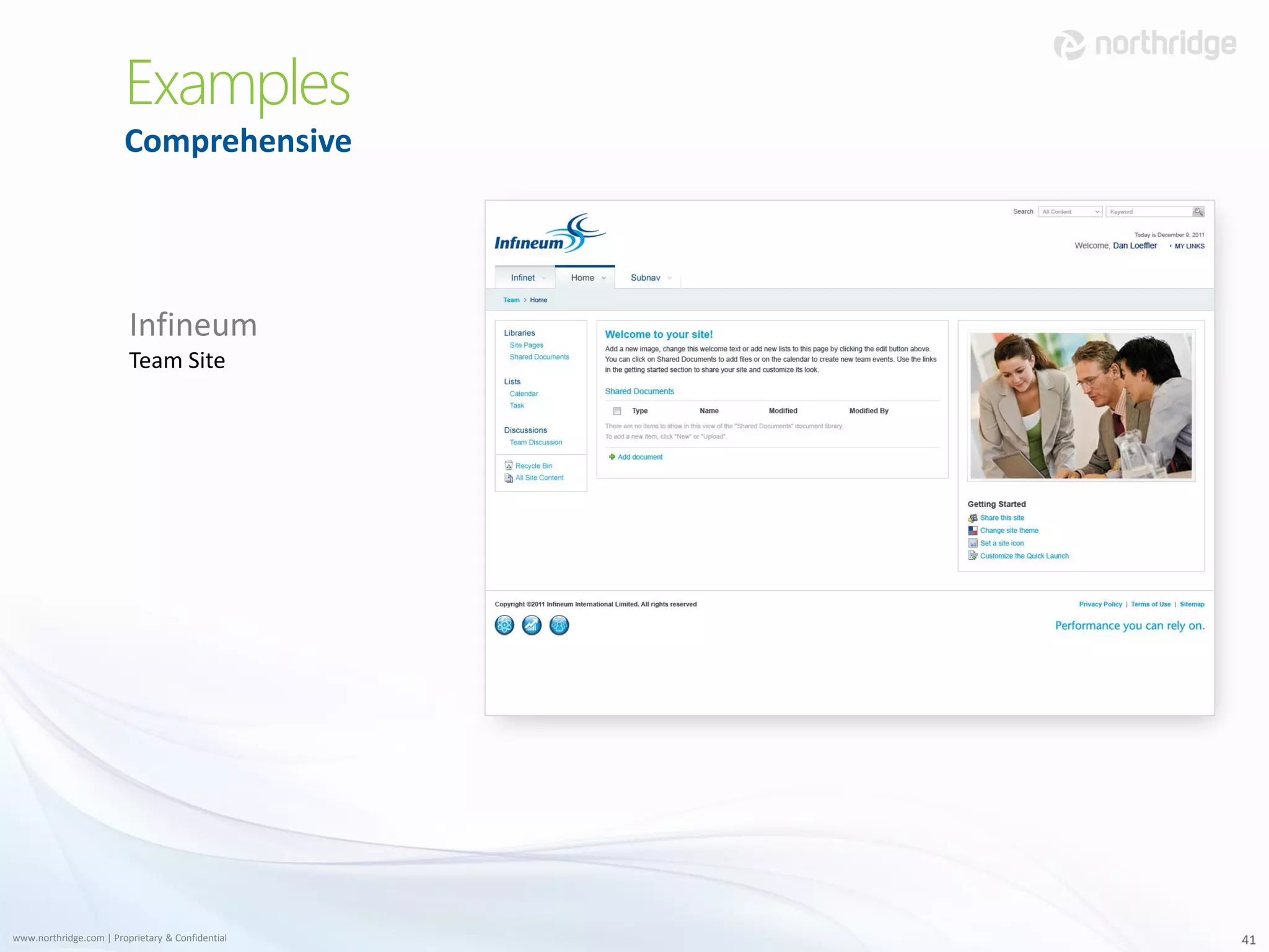 Examples
                        Comprehensive




                         Infineum
                         Team Site




www.northridge.com | Proprietary & Confidential   41
 