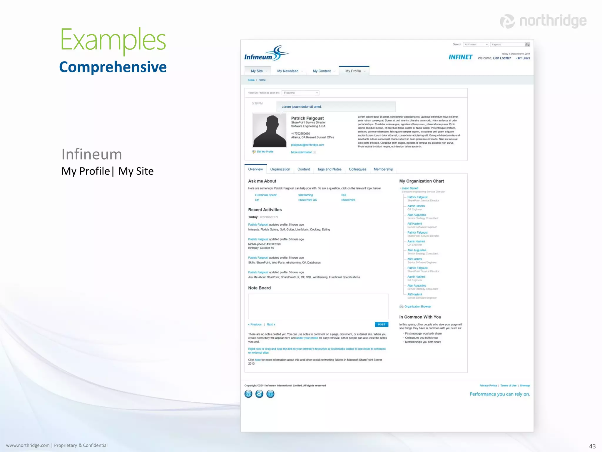 Examples
                        Comprehensive




                         Infineum
                         My Profile| My Site




www.northridge.com | Proprietary & Confidential   43
 