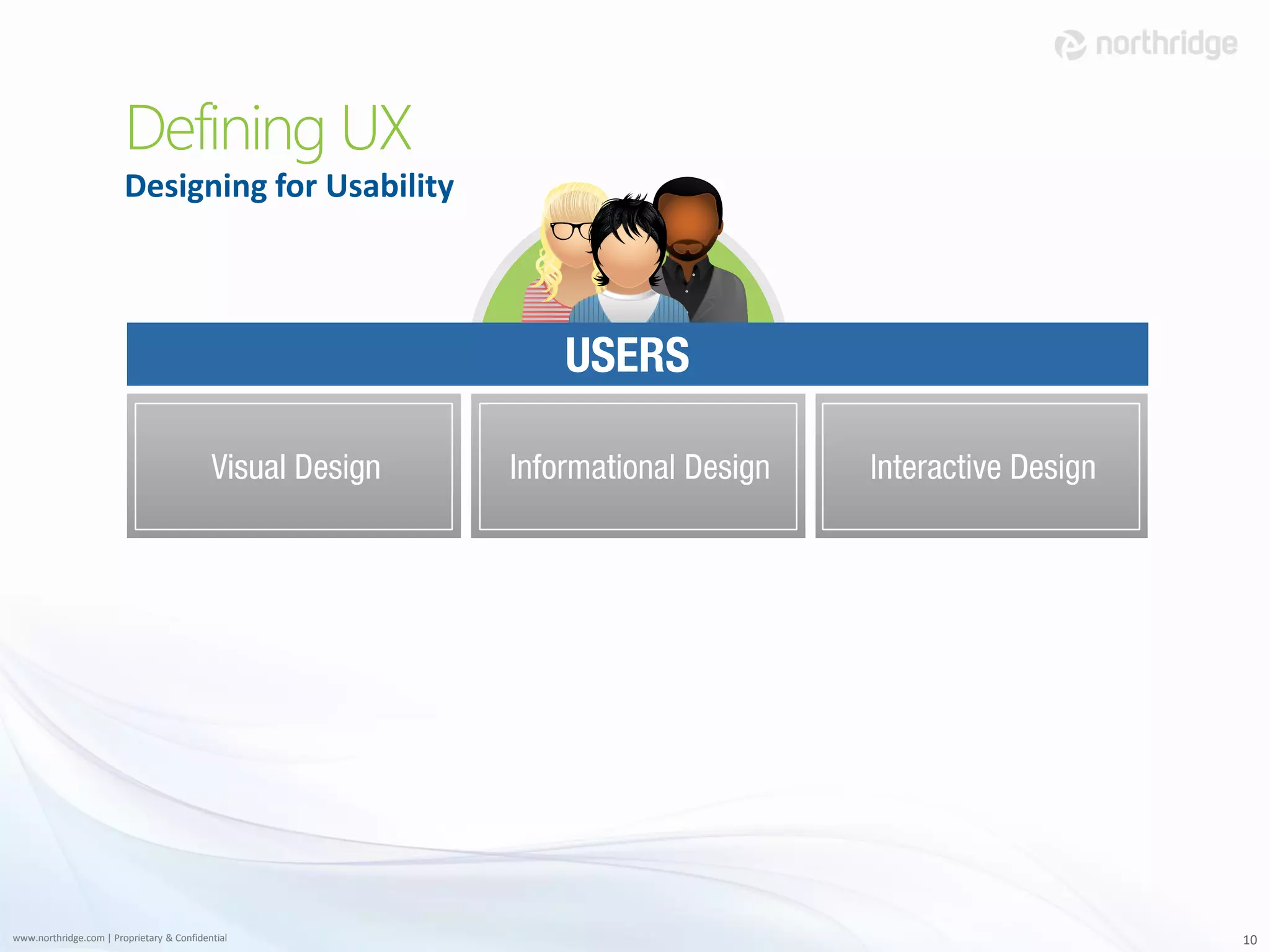 Defining UX
                        Designing for Usability




www.northridge.com | Proprietary & Confidential   10
 