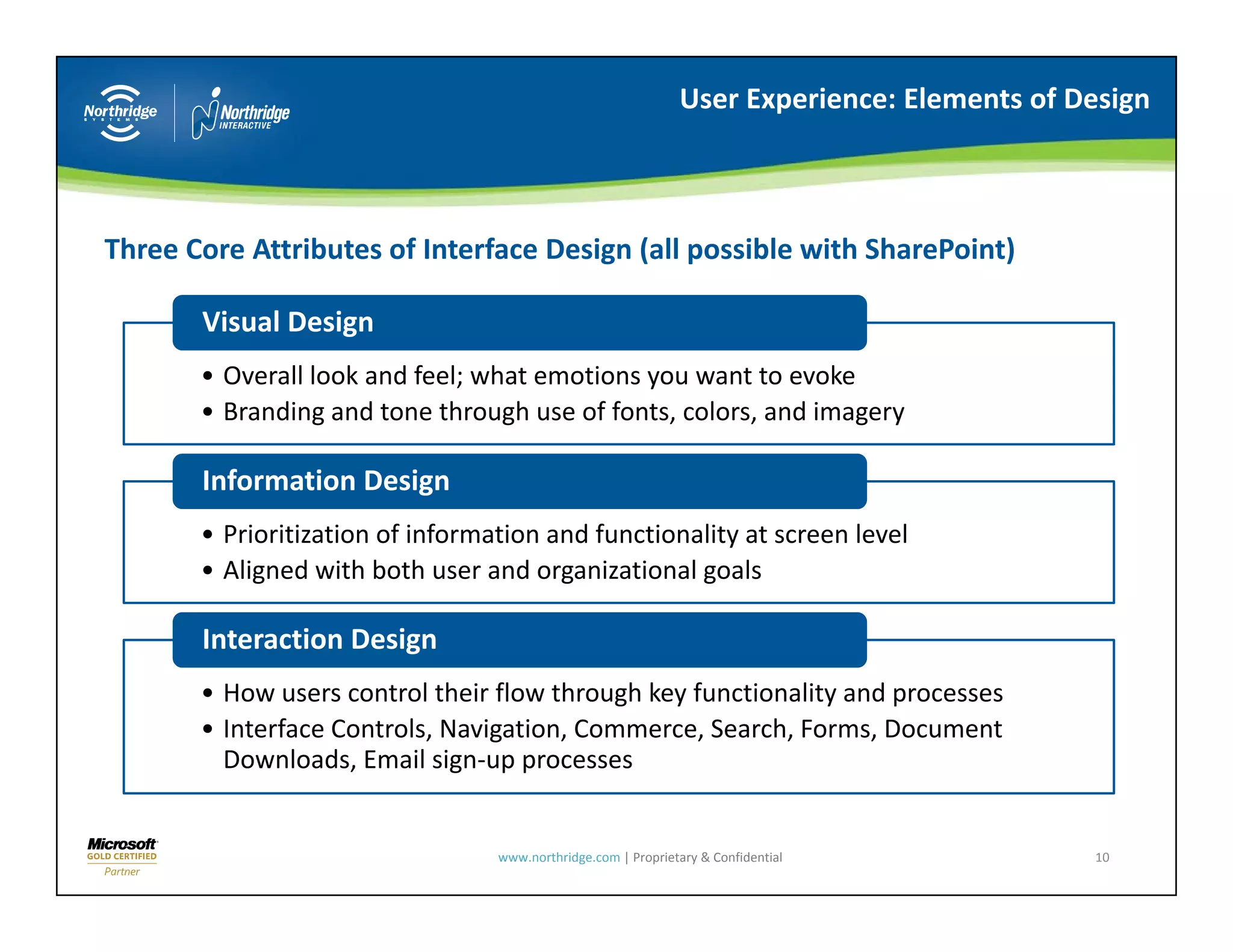 User Experience: Elements of Design



Three Core Attributes of Interface Design (all possible with SharePoint)

       Visual Design
       • Overall look and feel; what emotions you want to evoke
       • Branding and tone through use of fonts colors and imagery
         Branding and tone through use of fonts, colors, and imagery

       Information Design
       • Prioritization of information and functionality at screen level
         Prioritization of information and functionality at screen level
       • Aligned with both user and organizational goals

       Interaction Design
       • How users control their flow through key functionality and processes
       • Interface Controls, Navigation, Commerce, Search, Forms, Document 
         Downloads, Email sign‐up processes


                                  www.northridge.com | Proprietary & Confidential            10
 