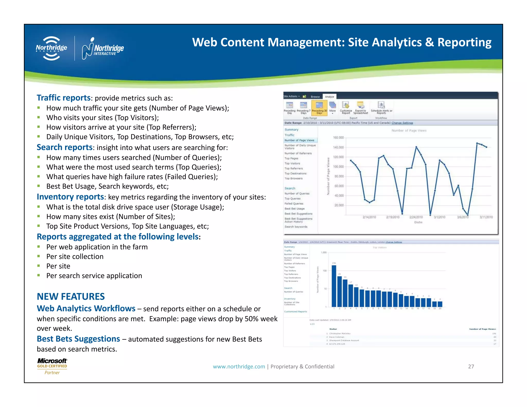 Web Content Management: Site Analytics & Reporting



Traffic reports: provide metrics such as:
   How much traffic your site gets (Number of Page Views);
   Who visits your sites (Top Visitors);
   How visitors arrive at your site (Top Referrers);
   How visitors arrive at your site (Top Referrers);
   Daily Unique Visitors, Top Destinations, Top Browsers, etc;
Search reports: insight into what users are searching for:
   How many times users searched (Number of Queries);
   What were the most used search terms (Top Queries);
   What queries have high failure rates (Failed Queries);
   What queries have high failure rates (Failed Queries);
   Best Bet Usage, Search keywords, etc;
Inventory reports: key metrics regarding the inventory of your sites:
   What is the total disk drive space user (Storage Usage);
   How many sites exist (Number of Sites);
   Top Site Product Versions, Top Site Languages, etc;
     p                        , p          g g , ;
Reports aggregated at the following levels:
   Per web application in the farm
   Per site collection
   Per site
   Per search service application

NEW FEATURES
Web Analytics Workflows – send reports either on a schedule or 
when specific conditions are met.  Example: page views drop by 50% week 
over week.
Best Bets Suggestions – automated suggestions for new Best Bets 
based on search metrics.

                                                     www.northridge.com | Proprietary & Confidential   27
 