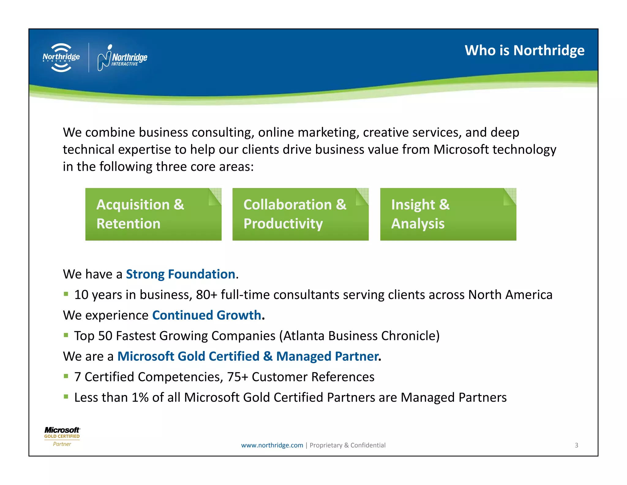 Who is Northridge




We combine business consulting, online marketing, creative services, and deep 
technical expertise to help our clients drive business value from Microsoft technology 
technical expertise to help our clients drive business value from Microsoft technology
in the following three core areas:

     Acquisition & 
       q                       Collaboration &                                   Insight &       
                                                                                     g
     Retention                 Productivity                                      Analysis


We have a Strong Foundation. 
We have a Strong Foundation
 10 years in business, 80+ full‐time consultants serving clients across North America
We experience Continued Growth.
 Top 50 Fastest Growing Companies (Atlanta Business Chronicle)
 Top 50 Fastest Growing Companies (Atlanta Business Chronicle)
We are a Microsoft Gold Certified & Managed Partner.
 7 Certified Competencies, 75+ Customer References
 Less than 1% of all Microsoft Gold Certified Partners are Managed Partners
 Less than 1% of all Microsoft Gold Certified Partners are Managed Partners


                               www.northridge.com | Proprietary & Confidential                               3
 