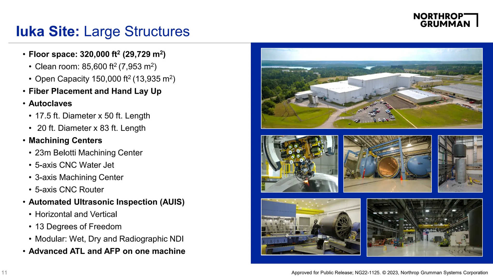 11 Approved for Public Release; NG22-1125. © 2023, Northrop Grumman Systems Corporation
IUKA SITE
Located in
Iuka, Mississippi
• Floor space: 320,000 ft2 (29,729 m2)
• Clean room: 85,600 ft2 (7,953 m2)
• Open Capacity 150,000 ft2 (13,935 m2)
• Fiber Placement and Hand Lay Up
• Autoclaves
• 17.5 ft. Diameter x 50 ft. Length
• 20 ft. Diameter x 83 ft. Length
• Machining Centers
• 23m Belotti Machining Center
• 5-axis CNC Water Jet
• 3-axis Machining Center
• 5-axis CNC Router
• Automated Ultrasonic Inspection (AUIS)
• Horizontal and Vertical
• 13 Degrees of Freedom
• Modular: Wet, Dry and Radiographic NDI
• Advanced ATL and AFP on one machine
Iuka Site: Large Structures
 