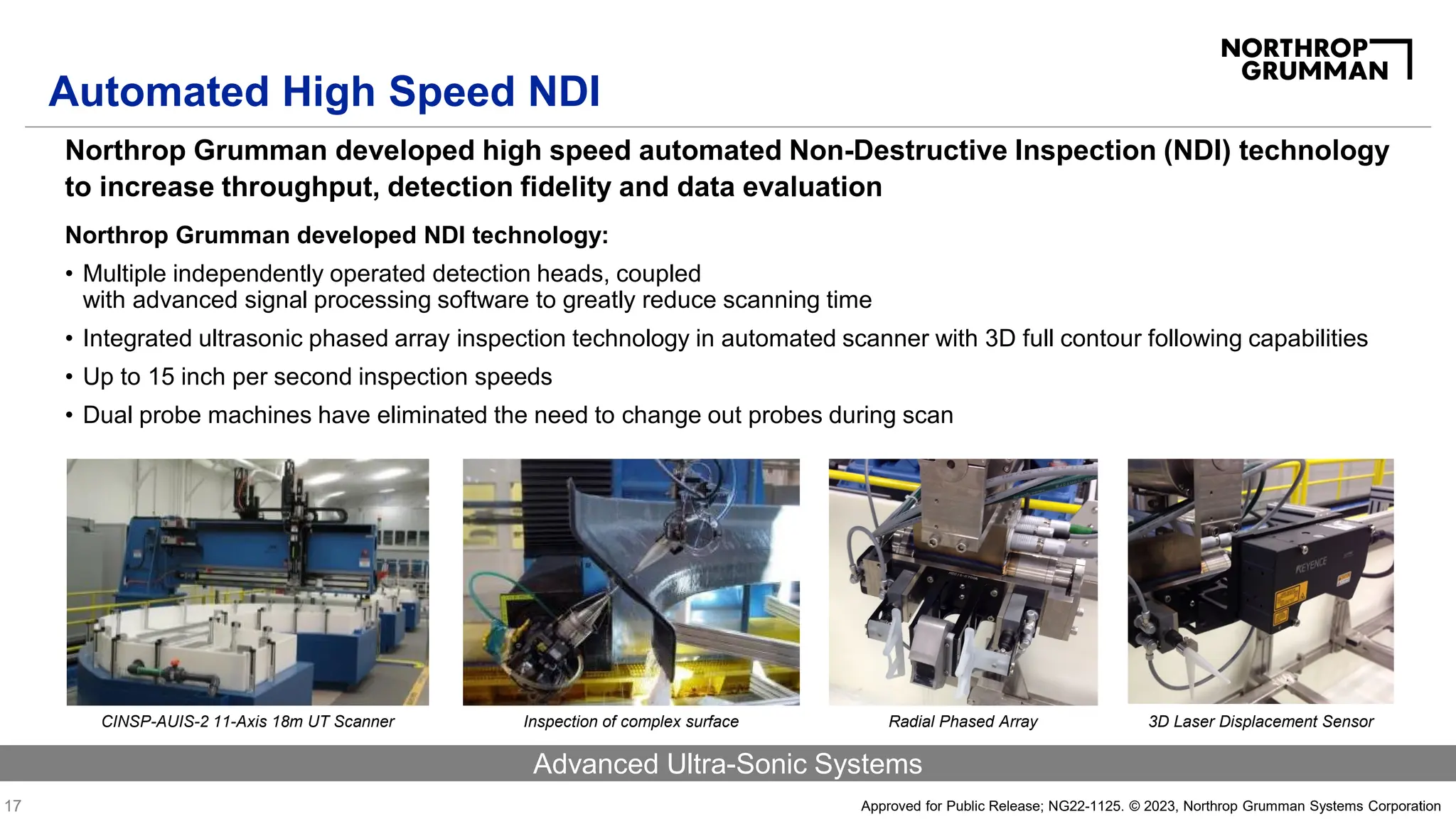 17 Approved for Public Release; NG22-1125. © 2023, Northrop Grumman Systems Corporation
Northrop Grumman developed high speed automated Non-Destructive Inspection (NDI) technology
to increase throughput, detection fidelity and data evaluation
Advanced Ultra-Sonic Systems
Northrop Grumman developed NDI technology:
• Multiple independently operated detection heads, coupled
with advanced signal processing software to greatly reduce scanning time
• Integrated ultrasonic phased array inspection technology in automated scanner with 3D full contour following capabilities
• Up to 15 inch per second inspection speeds
• Dual probe machines have eliminated the need to change out probes during scan
CINSP-AUIS-2 11-Axis 18m UT Scanner Radial Phased Array
Inspection of complex surface 3D Laser Displacement Sensor
Automated High Speed NDI
 