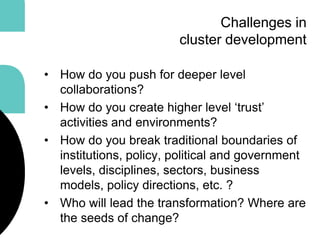 Understanding cluster dynamics
& drivers of change
•Complex problems & drivers of
change

Cluster
Context

•Past, current ...