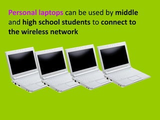 Personal laptops can be used by middle
and high school students to connect to
the wireless network
 