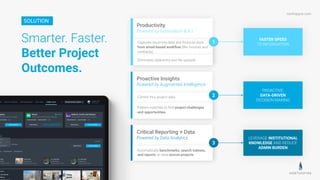northspyre.com
Proactive Insights
Powered by Augmented Intelligence
Combs thru project data
Pattern matches to ﬁnd project challenges
and opportunities
PROACTIVE,
DATA-DRIVEN
DECISION MAKING
2
Critical Reporting + Data
Powered by Data Analytics
Automatically benchmarks, search indexes,
and reports on data across projects
LEVERAGE INSTITUTIONAL
KNOWLEDGE AND REDUCE
ADMIN BURDEN
3
Productivity
Powered by Automation & A.I.
Captures incoming data and ﬁnancial docs
from email-based workﬂow (like invoices and
contracts)
Eliminates data-entry and ﬁle uploads
FASTER SPEED
TO INFORMATION
1
Smarter. Faster.
Better Project
Outcomes.
SOLUTION
 