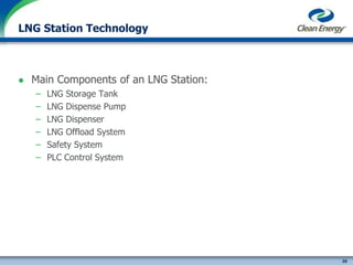 20
cleanenergyfuels.com
LNG Station Technology
 Main Components of an LNG Station:
– LNG Storage Tank
– LNG Dispense Pump
– LNG Dispenser
– LNG Offload System
– Safety System
– PLC Control System
 