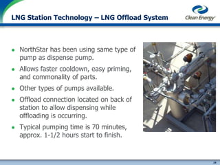 24
cleanenergyfuels.com
LNG Station Technology – LNG Offload System
 NorthStar has been using same type of
pump as dispense pump.
 Allows faster cooldown, easy priming,
and commonality of parts.
 Other types of pumps available.
 Offload connection located on back of
station to allow dispensing while
offloading is occurring.
 Typical pumping time is 70 minutes,
approx. 1-1/2 hours start to finish.
 