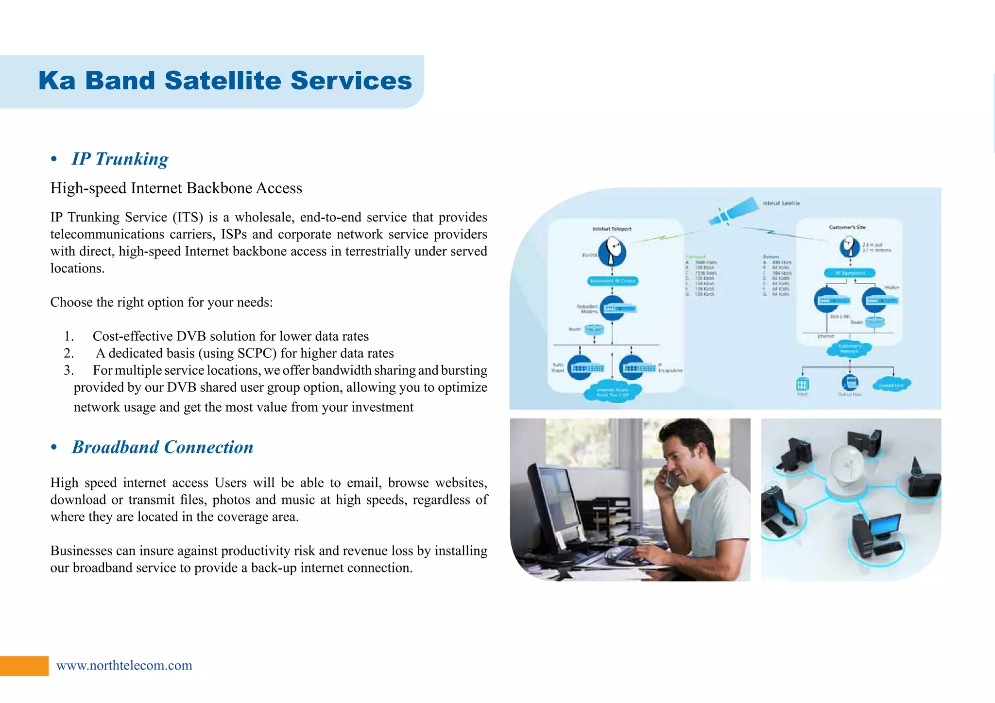 Ka Band Satellite Services 
• IP Trunking 
High-speed Internet Backbone Access 
IP Trunking Service (ITS) is a wholesale, end-to-end service that provides 
telecommunications carriers, ISPs and corporate network service providers 
with direct, high-speed Internet backbone access in terrestrially under served 
locations. 
Choose the right option for your needs: 
1. Cost-effective DVB solution for lower data rates 
2. A dedicated basis (using SCPC) for higher data rates 
3. For multiple service locations, we offer bandwidth sharing and bursting 
provided by our DVB shared user group option, allowing you to optimize 
network usage and get the most value from your investment 
• Broadband Connection 
High speed internet access Users will be able to email, browse websites, 
download or transmit files, photos and music at high speeds, regardless of 
where they are located in the coverage area. 
Businesses can insure against productivity risk and revenue loss by installing 
our broadband service to provide a back-up internet connection. 
www.northtelecom.com 
 