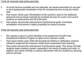 TYPE OF WAIVER AND EXPLANATION As funds become available and are adequate, we request permission to use part or all of appropriated remediation funds for remedial services during the school year.  How waiver will be used: Remediation funds would be used to hire additional personnel and purchase materials for remedial services for Level I and Level II students as measured by the NC EOG tests. How waiver will promote achievement of performance goals: Immediate remediation will promote a higher probability for student success.  TYPE OF WAIVER AND EXPLANATION We request a waiver to utilize flexibility in the assignment of staff in the Exceptional Children's Program to allow for the inclusion model.  How waiver will be used: Staff with Exceptional Children’s certification could be utilized to implement the inclusion model which emphasizes team teaching. How waiver will promote achievement of performance goals: This waiver will help students make academic growth, especially in the areas of reading and math. In addition, this waiver will help to improve self-esteem with EC students by reducing pull-out services.  