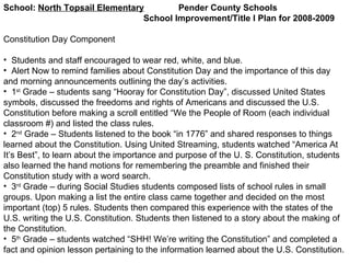 School:  North Topsail Elementary   Pender County Schools School Improvement/Title I Plan for 2008-2009 Constitution Day Component Students and staff encouraged to wear red, white, and blue. Alert Now to remind families about Constitution Day and the importance of this day and morning announcements outlining the day’s activities. 1 st  Grade – students sang “Hooray for Constitution Day”, discussed United States symbols, discussed the freedoms and rights of Americans and discussed the U.S. Constitution before making a scroll entitled “We the People of Room (each individual classroom #) and listed the class rules.  2 nd  Grade – Students listened to the book “in 1776” and shared responses to things learned about the Constitution. Using United Streaming, students watched “America At It’s Best”, to learn about the importance and purpose of the U. S. Constitution, students also learned the hand motions for remembering the preamble and finished their Constitution study with a word search.  3 rd  Grade – during Social Studies students composed lists of school rules in small groups. Upon making a list the entire class came together and decided on the most important (top) 5 rules. Students then compared this experience with the states of the U.S. writing the U.S. Constitution. Students then listened to a story about the making of the Constitution.  5 th  Grade – students watched “SHH! We’re writing the Constitution” and completed a fact and opinion lesson pertaining to the information learned about the U.S. Constitution.  