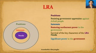 Positions
Interests
Needs

Positions
Resisting government oppression against
Acholi people
Interests
Restoring northerners power in the
government
Survival of the key characters of the LRA
Needs
Significant power in the government

Arundathie Abeysinghe

10

 