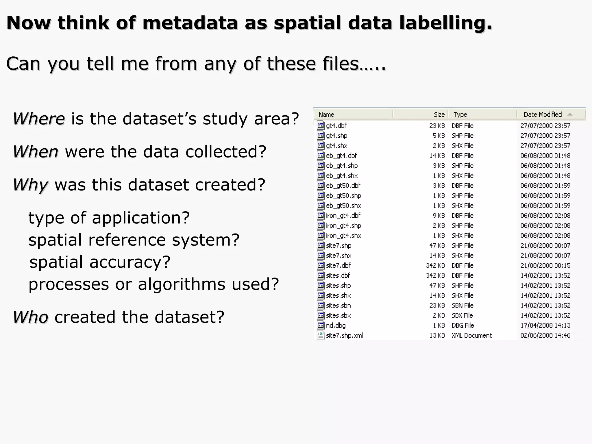 Where  is the dataset’s study area? When  were the data collected? Why   was this   dataset created?  type of application? spatial reference system?  spatial accuracy? processes or algorithms used? Who  created the dataset? Can you tell me from any of these files….. Now think of metadata as spatial data labelling. 