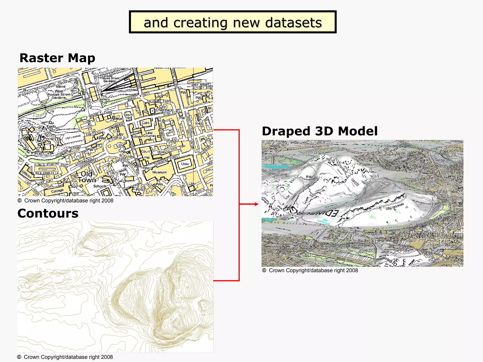 Contours Raster Map Draped 3D Model and creating new datasets ©   Crown   Copyright/database   right 2008 ©   Crown   Copyright/database   right 2008 ©   Crown   Copyright/database   right 2008 