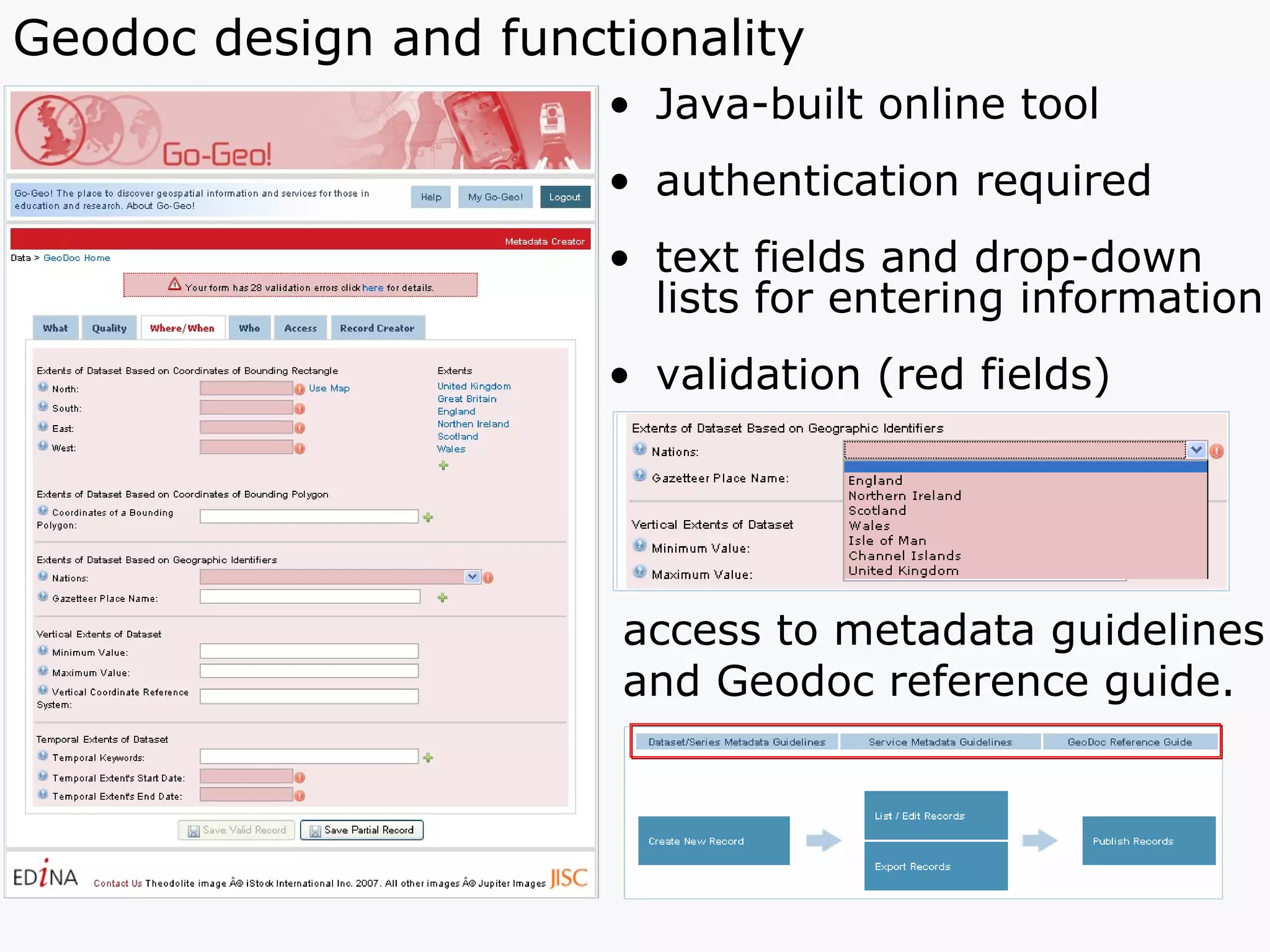 Geodoc design and functionality Java-built online tool authentication required text fields and drop-down lists for entering information validation (red fields) access to metadata guidelines and Geodoc reference guide. 