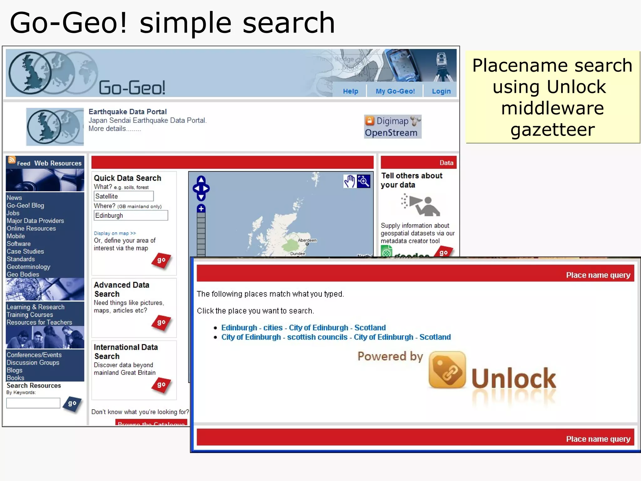 Go-Geo! simple search Placename search  using Unlock  middleware gazetteer 