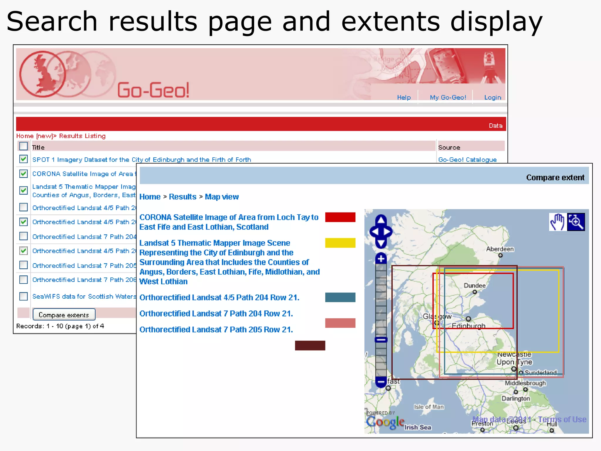 Search results page and extents display 