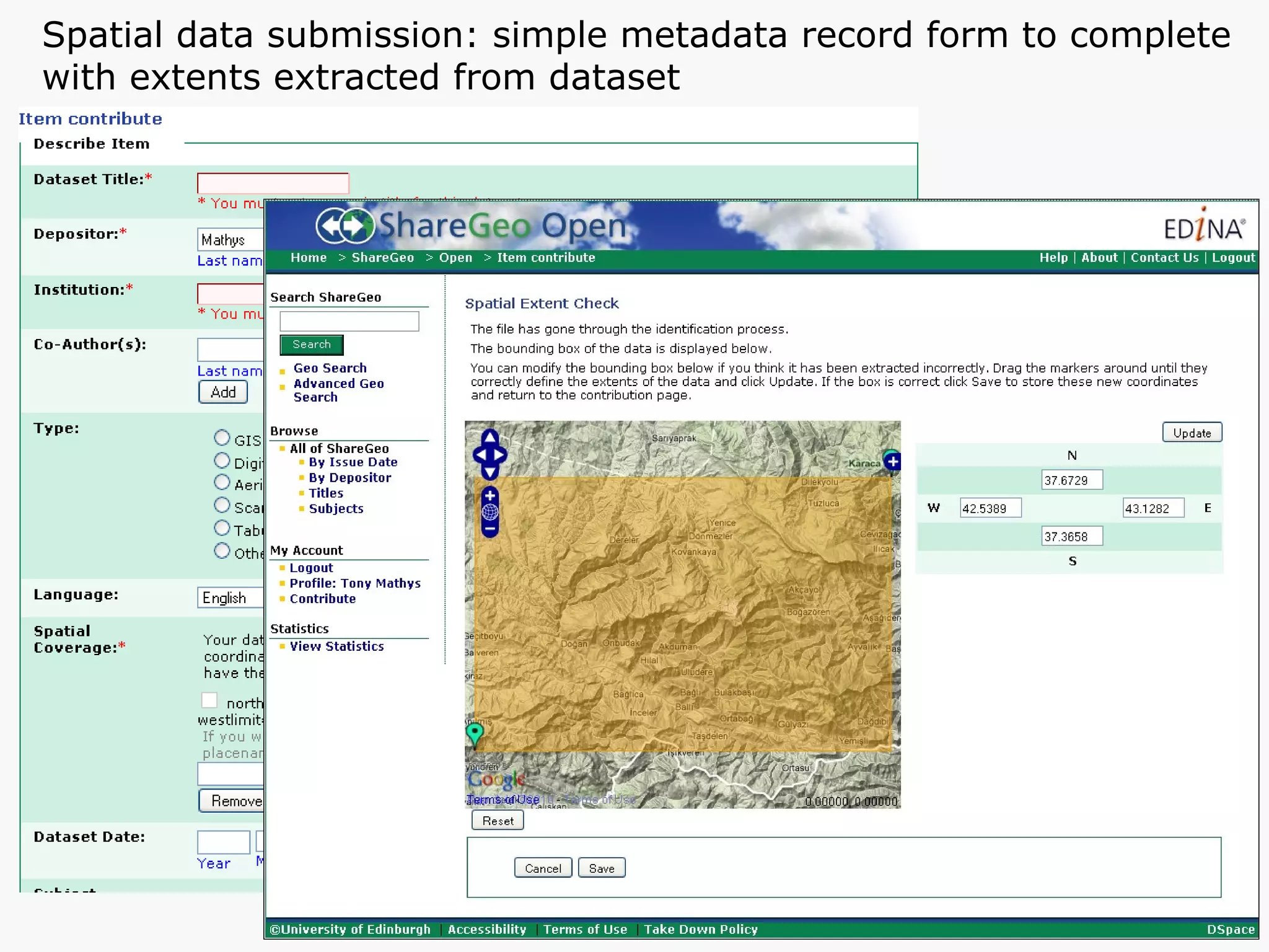 Spatial data submission: simple metadata record form to complete with extents extracted from dataset 