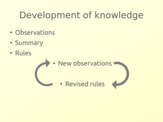 Development of knowledge 
● Observations 
● Summary 
● Rules 
● New observations 
● Revised rules 
 