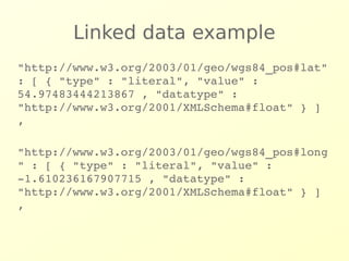 Linked data example 
"http://www.w3.org/2003/01/geo/wgs84_pos#lat" 
: [ { "type" : "literal", "value" : 
54.97483444213867 , "datatype" : 
"http://www.w3.org/2001/XMLSchema#float" } ] 
, 
"http://www.w3.org/2003/01/geo/wgs84_pos#long 
" : [ { "type" : "literal", "value" : 
­1.610236167907715 
, "datatype" : 
"http://www.w3.org/2001/XMLSchema#float" } ] 
, 
 