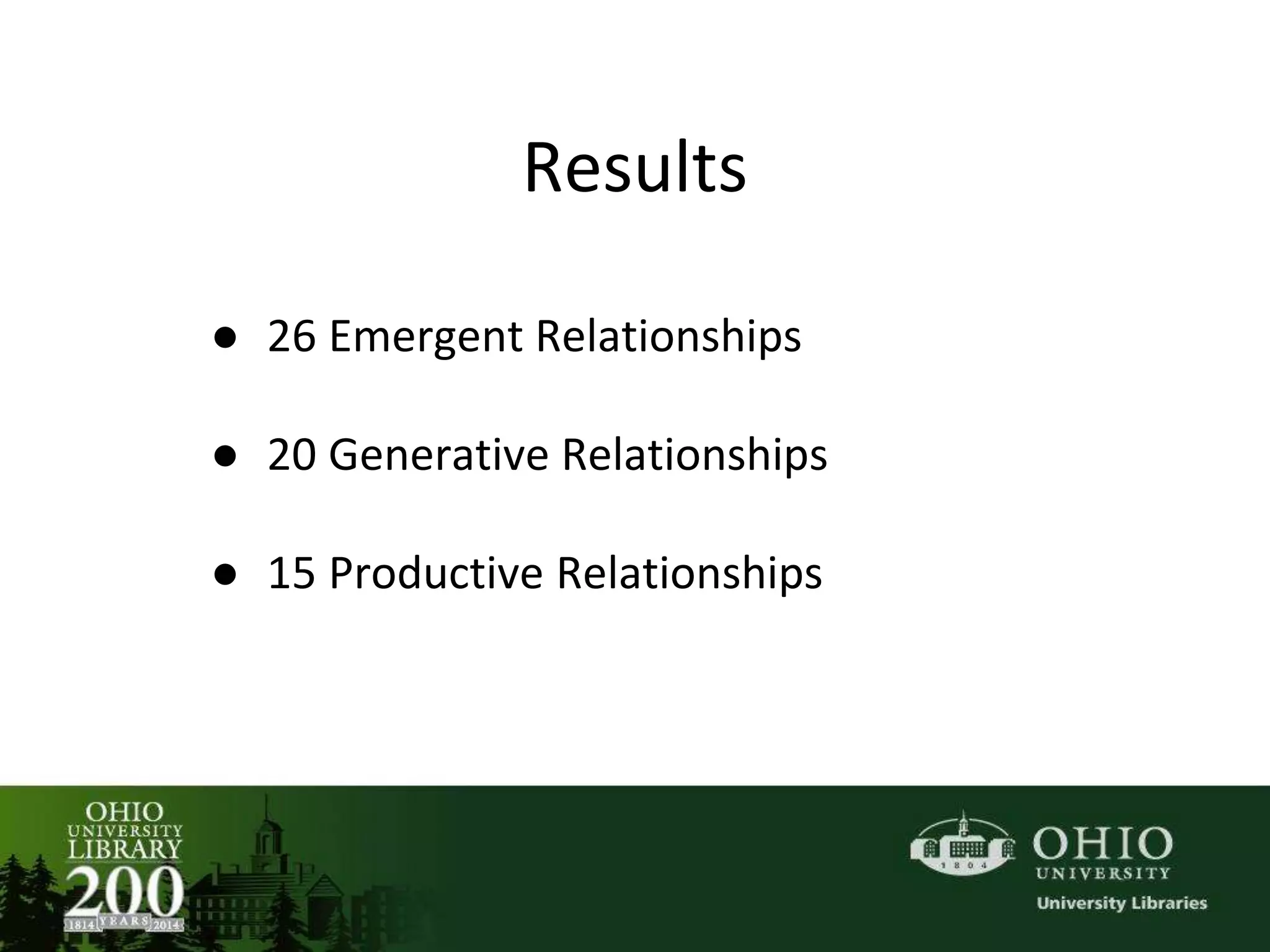 Results
● 26 Emergent Relationships
● 20 Generative Relationships
● 15 Productive Relationships
 