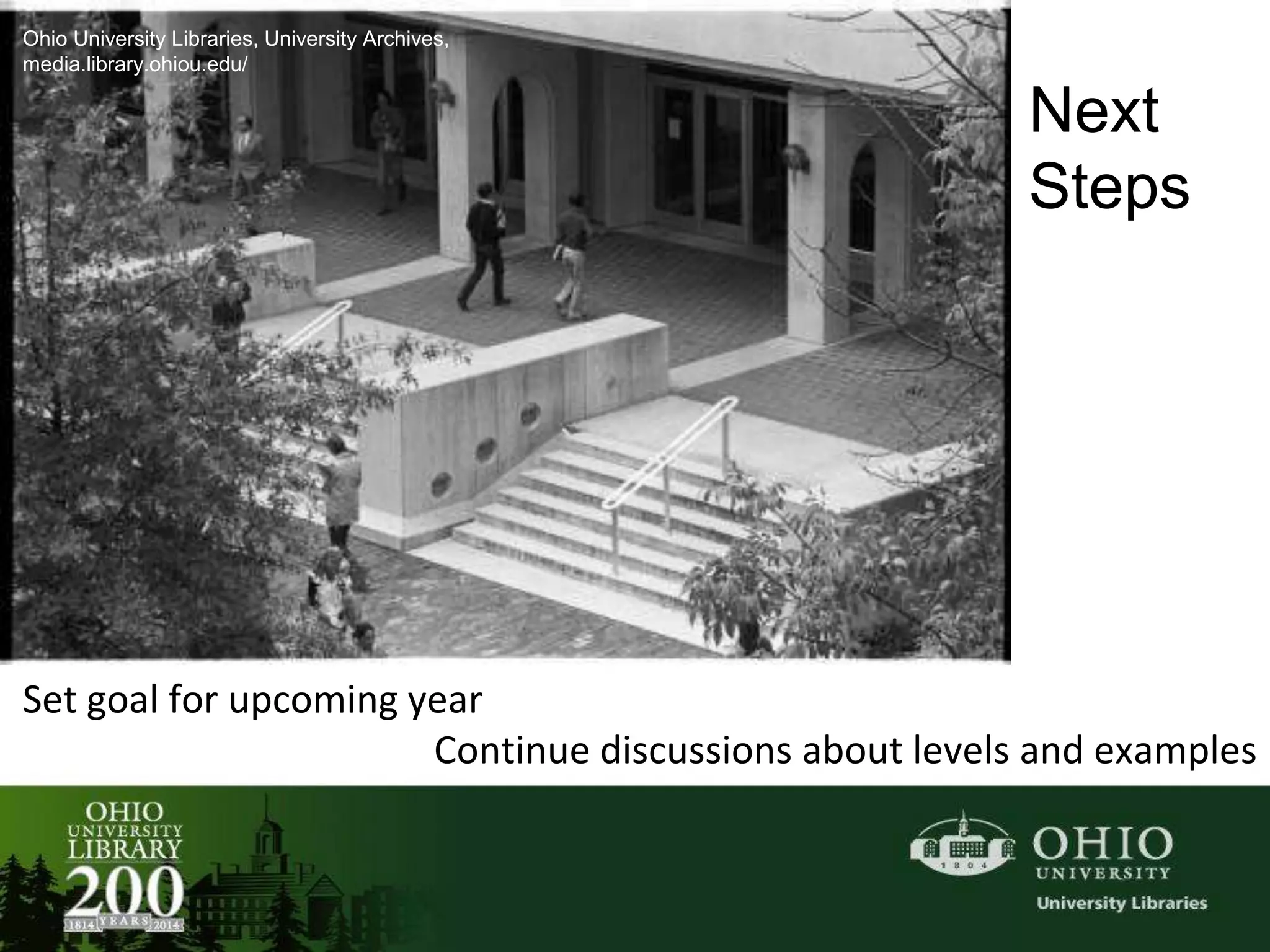 Set goal for upcoming year
Continue discussions about levels and examples
Next
Steps
Ohio University Libraries, University Archives,
media.library.ohiou.edu/
 