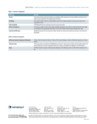 CASE STUDY | NetScout Ensures Network Applications Always On Tap for Northumbrian Water Limited (NWL)


Table 1: Solution Highlights

 Attributes                                               Benefits
 Proven                                                   The nGenius Service Assurance Solution was selected by NWL because of its proven abilities and performance in
                                                          highly complex application and networking environments
 Scalability                                              The nGenius solution delivers a unified platform which can be readily expanded over time as the needs of the
                                                          organization evolve
 High Availability                                        7x24x365 performance monitoring and service assurance solution
 Service Consistency                                      The nGenius solution monitors critical, high-availability applications, helps NWL to verify that VoIP and Citrix traffic
                                                          are operating in their appropriate QoS classes, and ensures reliable communications between NWL sites
 Operational Efficiency                                   Significantly reduces the time required to detect, identify, and resolve service delivery anomalies, and enhances IT
                                                          productivity


Table 2: Network Snapshot

 NetScout Systems Equipment Deployed                      nGenius Service Assurance Solution: nGenius Performance Manager, nGenius InfiniStream Appliances, nGenius
                                                          Probes
 Network Scope                                            Three data centers connected by IPoDWDM fiber connections. Data centers and NWL business office locations are
                                                          interconnected by more than 50 separate WAN links, varying in bandwidth from 256Kbps to 10/100 Ethernet
 Users                                                    The NWL network is used by 2,000 corporate employees, and ultimately serves 4.4 million NWL customers in the
                                                          UK




                                           Americas East                                Americas West                          Asia Pacific                                 Europe
                                           310 Littleton Road                           178 E. Tasman Drive                    Room 105, 17F/B, No. 167                     One Canada Square 29th floor
                                           Westford, MA 01886-4105                      Suite 101                              TunHwa N. Road                               Canary Wharf
                                           Phone: 978-614-4000                          San Jose, CA 95134                     Taipei, Taiwan                               London E14 5DY, United Kingdom
                                           Toll Free: 800-357-7666                      Phone: 408-571-5000                    Phone: +886 2 2717 1999                      Phone: +44 207 712 1672
                                           NetScout offers sales, support, and services in over 32 countries (see website for contact details).
For more information, please visit         Copyright © 2010 NetScout Systems, Inc. All rights reserved. NetScout, nGenius, Sniffer, and InfiniStream are registered trademarks of NetScout Systems, Inc. and/or its
www.netscout.com or contact NetScout       affiliates in the United States and/or other countries. Other brands and product names, and registered and unregistered trademarks are the sole property of their respective
sales at 800-309-4804 or +1 978-614-4000   owners. NetScout reserves the right, at its sole discretion, to make changes at any time in its technical information and specifications, and service and support programs.

                                                                                                                                                                                                              SPCS_000-10
 